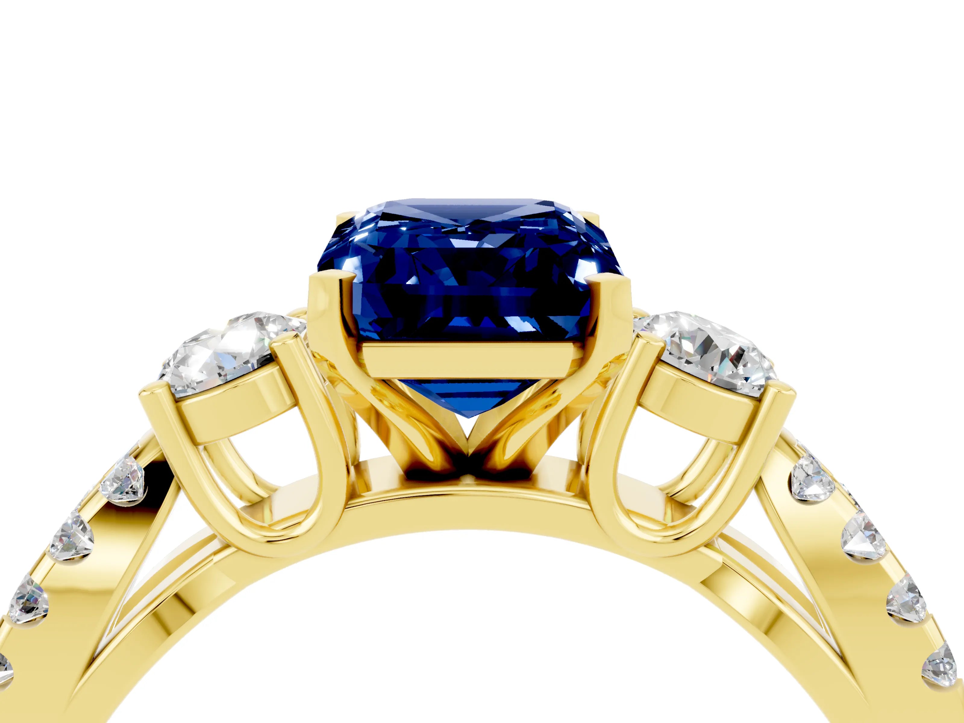 Yellow gold Emerald Cut Blue Sapphire Three-Stone Ring with Pavé Split Shank and Four-Prong Setting_4