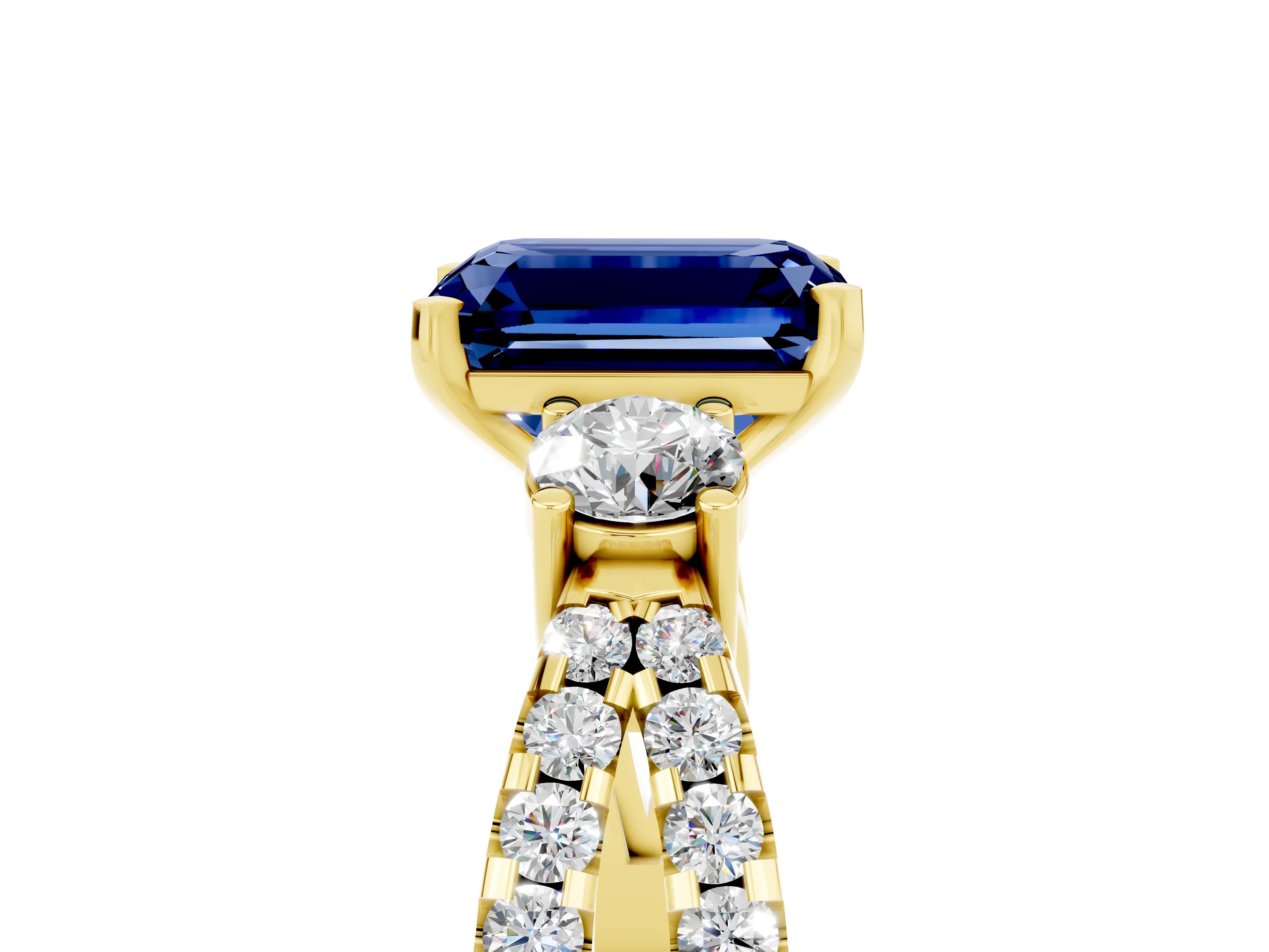 Yellow gold Emerald Cut Blue Sapphire Three-Stone Ring with Pavé Split Shank and Four-Prong Setting_5