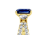 Yellow gold Emerald Cut Blue Sapphire Three-Stone Ring with Pavé Split Shank and Four-Prong Setting_5