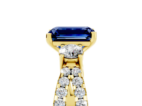 Yellow gold Emerald Cut Blue Sapphire Three-Stone Ring with Pavé Split Shank and Four-Prong Setting_5