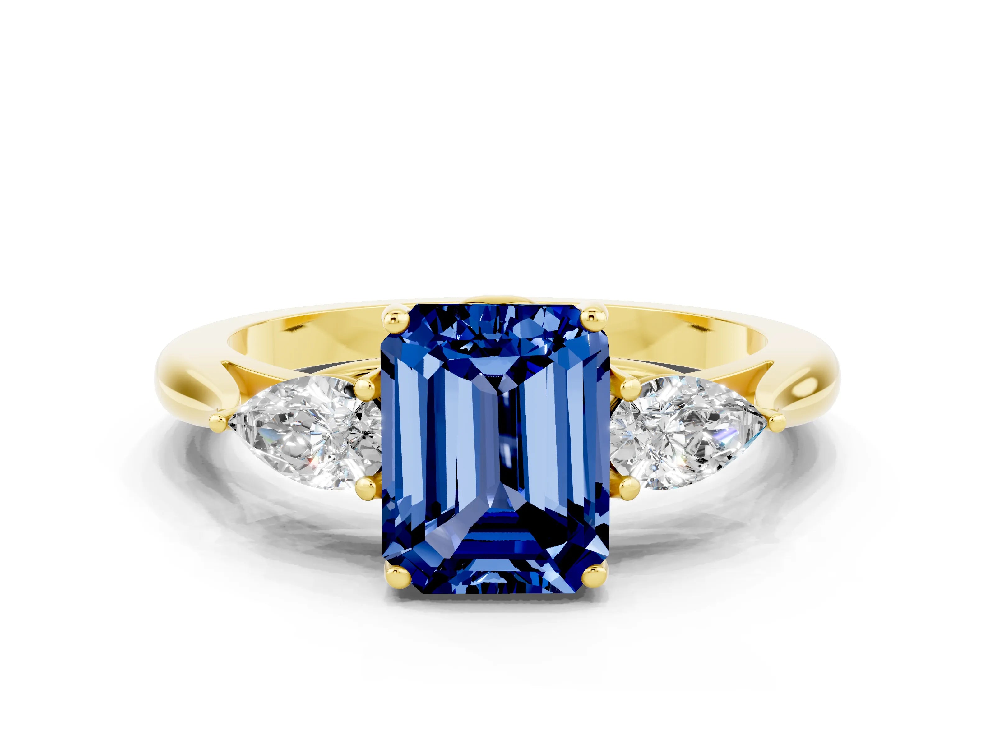 Yellow gold Emerald Cut Blue Sapphire Three-Stone Ring with Pear Side Stones and Four-Prong Setting_12
