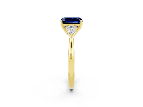 Yellow gold Emerald Cut Blue Sapphire Three-Stone Ring with Pear Side Stones and Four-Prong Setting_14
