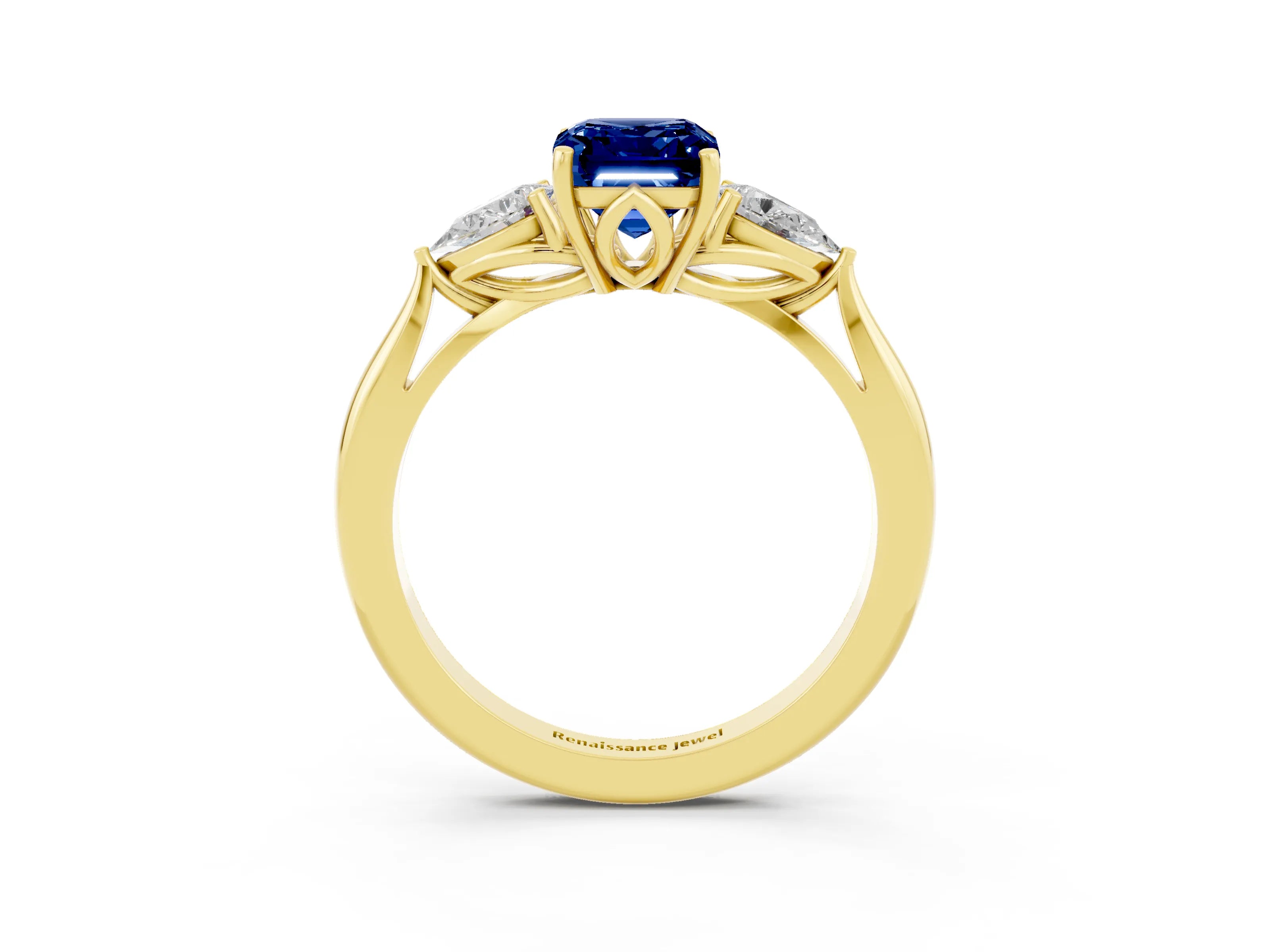 Yellow gold Emerald Cut Blue Sapphire Three-Stone Ring with Pear Side Stones and Four-Prong Setting_15