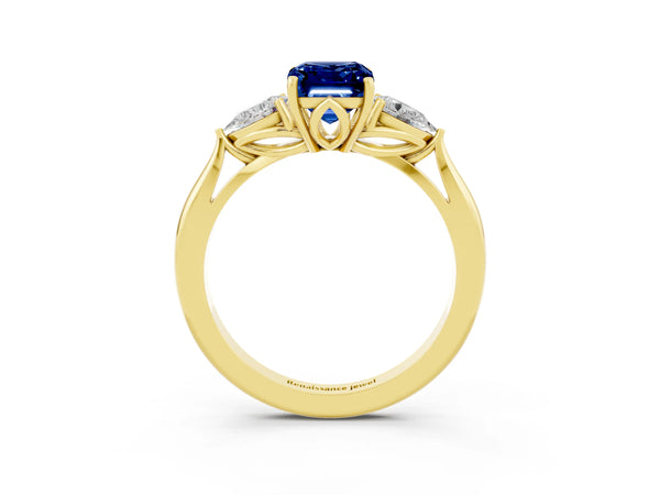 Yellow gold Emerald Cut Blue Sapphire Three-Stone Ring with Pear  Side Stones and Prong Setting