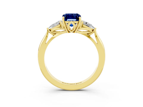 Yellow gold Emerald Cut Blue Sapphire Three-Stone Ring with Pear Side Stones and Four-Prong Setting_15