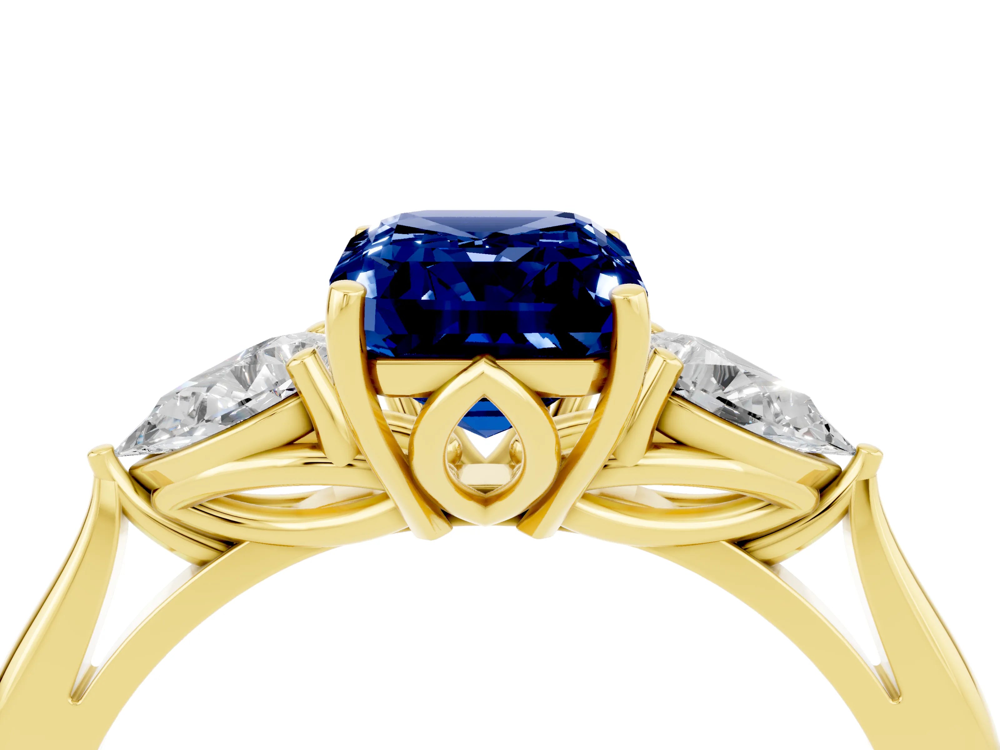 Yellow gold Emerald Cut Blue Sapphire Three-Stone Ring with Pear Side Stones and Four-Prong Setting_16