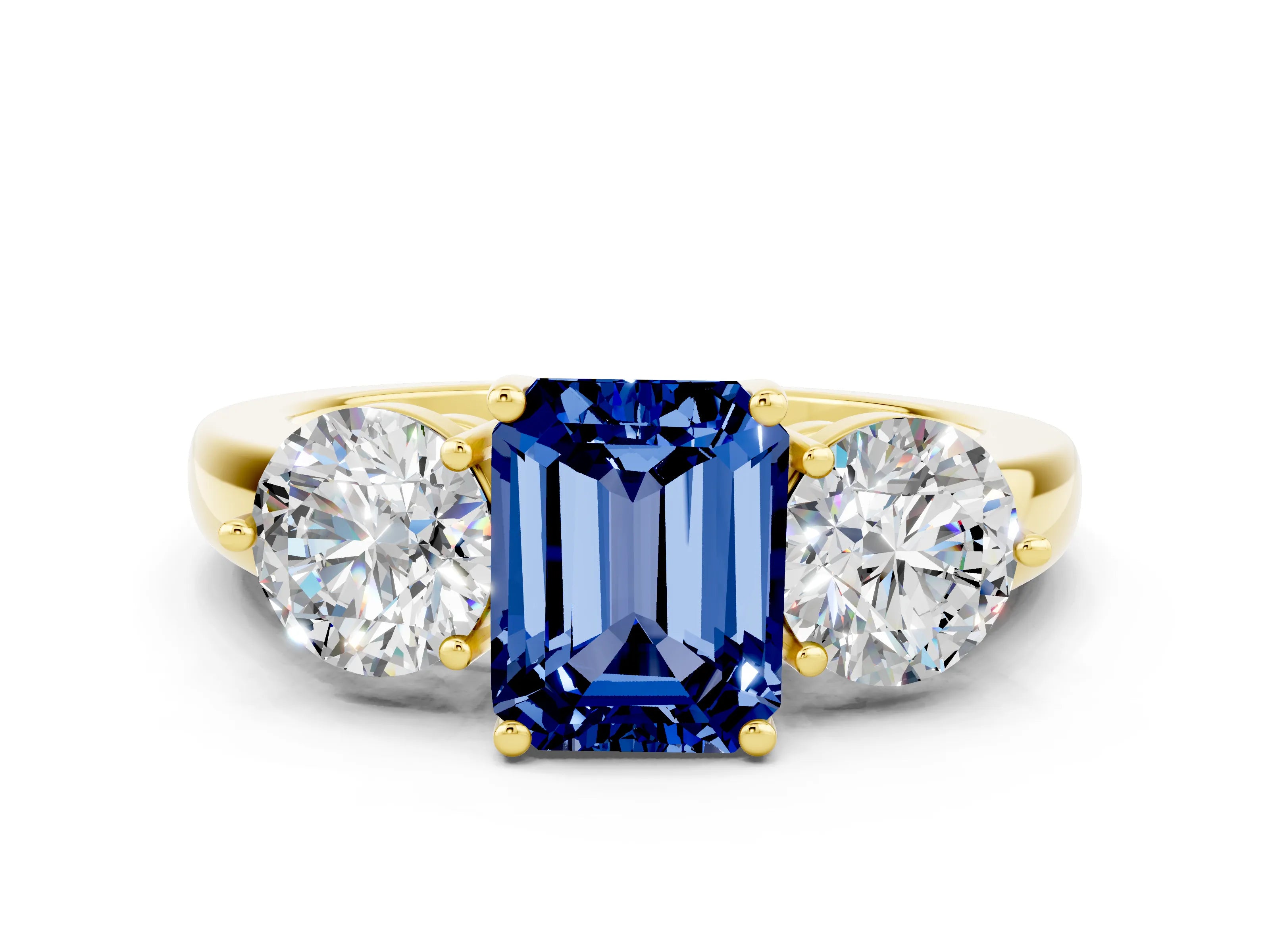 Yellow gold Emerald Cut Blue Sapphire Three-Stone Ring with Prong Setting and Classic Band