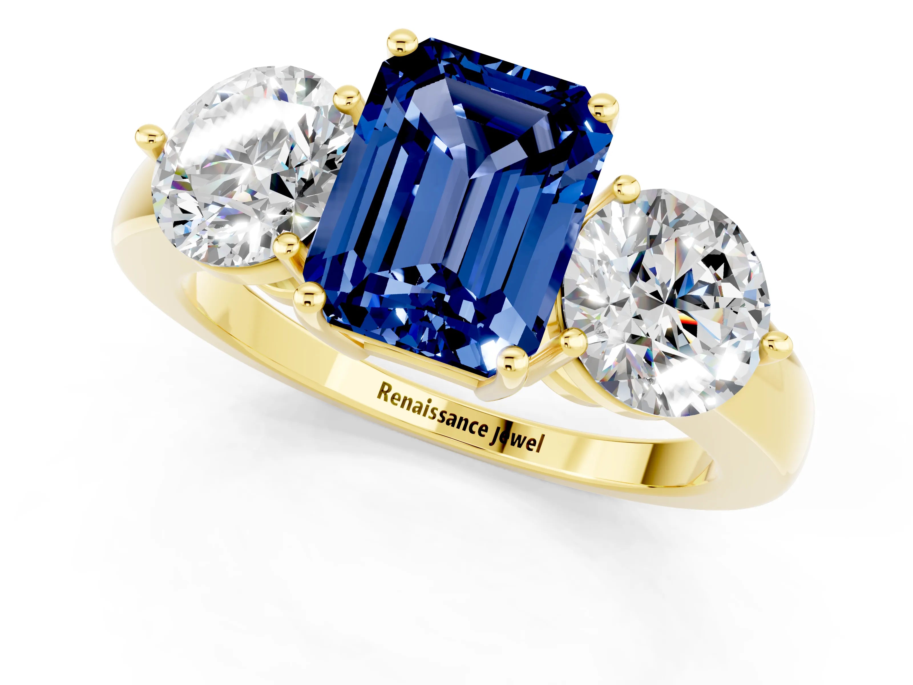 Yellow gold Emerald Cut Blue Sapphire Three-Stone Ring with Prong Setting and Classic Band_1