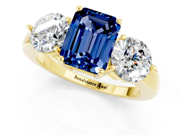 Yellow gold Emerald Cut Blue Sapphire Three-Stone Ring with Prong Setting and Classic Band