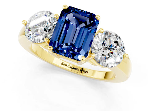 Yellow gold Emerald Cut Blue Sapphire Three-Stone Ring with Prong Setting and Classic Band_1