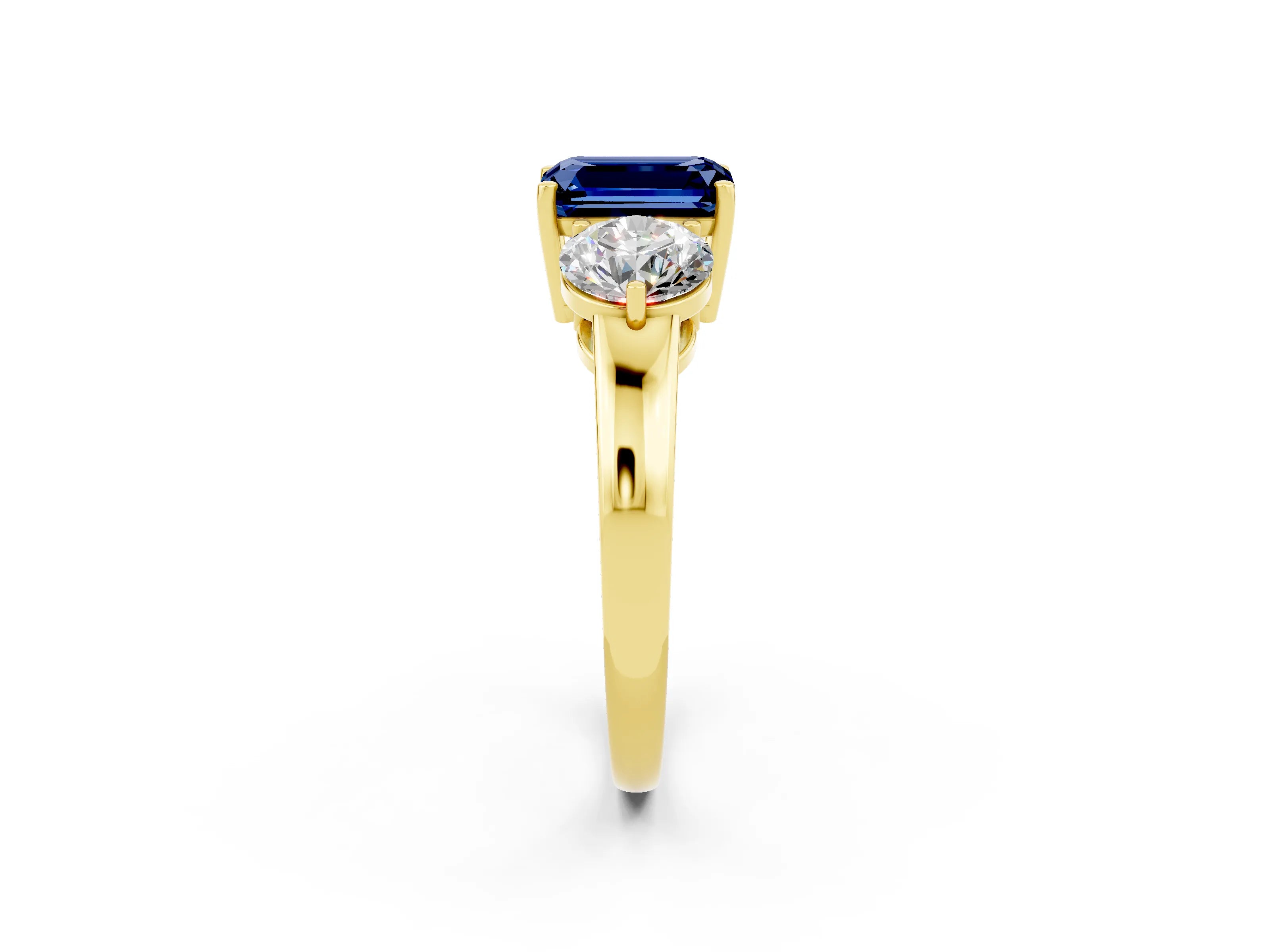 Yellow gold Emerald Cut Blue Sapphire Three-Stone Ring with Prong Setting and Classic Band_2