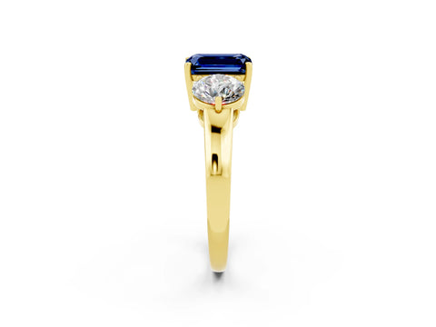 Yellow gold Emerald Cut Blue Sapphire Three-Stone Ring with Prong Setting and Classic Band_2