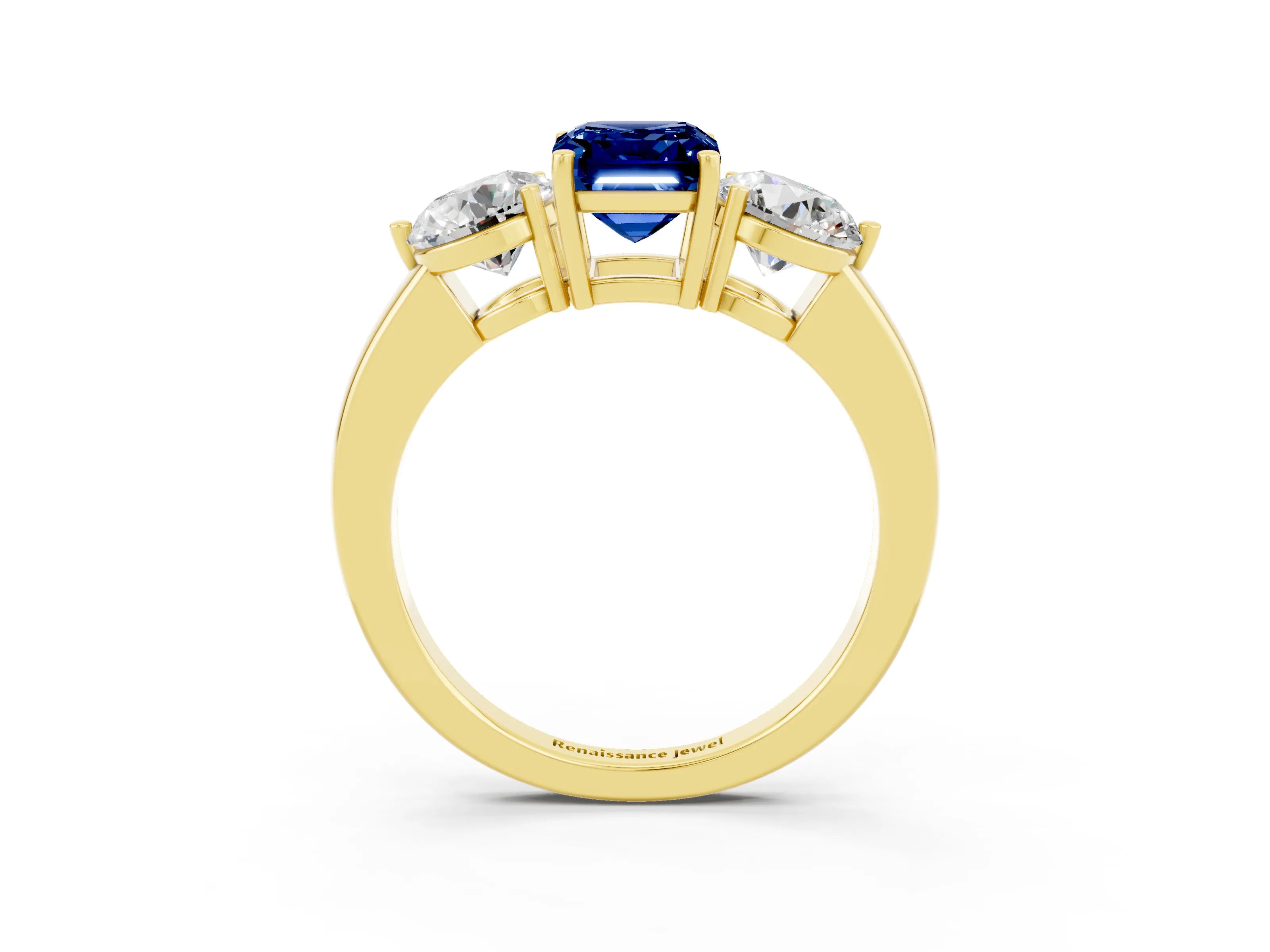 Yellow gold Emerald Cut Blue Sapphire Three-Stone Ring with Prong Setting and Classic Band_3