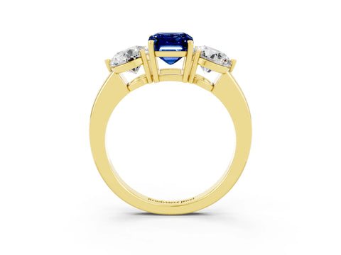 Yellow gold Emerald Cut Blue Sapphire Three-Stone Ring with Prong Setting and Classic Band_3