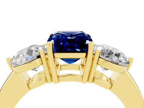 Yellow gold Emerald Cut Blue Sapphire Three-Stone Ring with Prong Setting and Classic Band_4