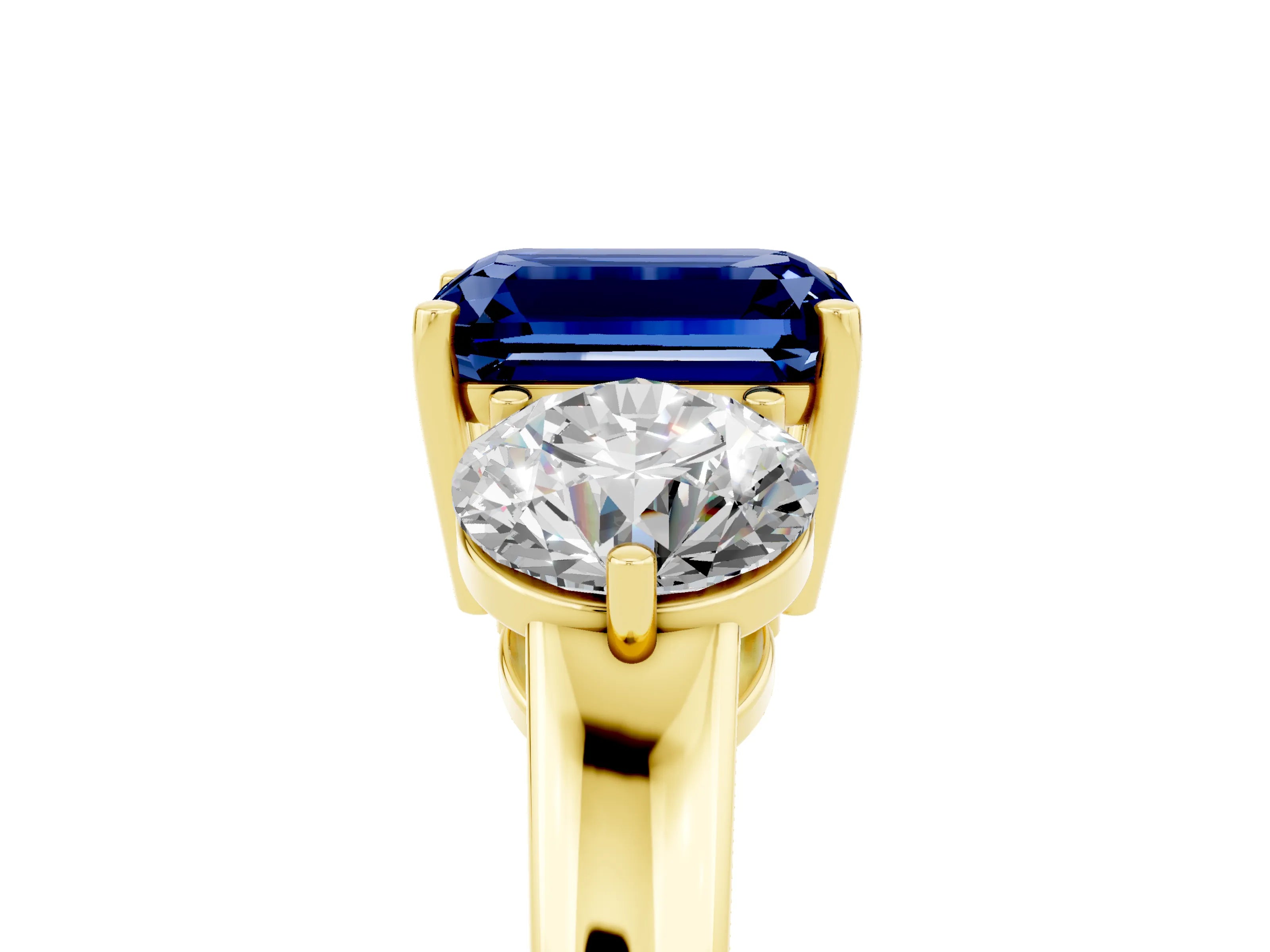Yellow gold Emerald Cut Blue Sapphire Three-Stone Ring with Prong Setting and Classic Band_5