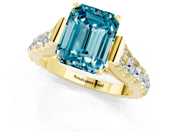 Yellow gold Emerald Cut Blue Topaz Classic Solitaire Ring with Pavé Band and Four-Prong Setting