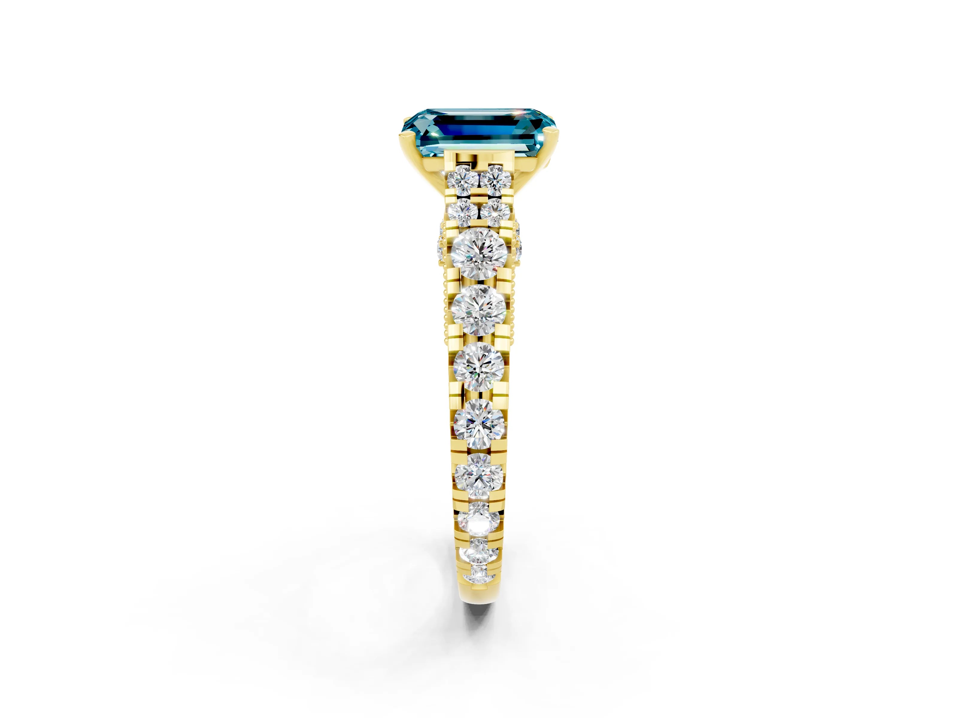 Yellow gold Emerald Cut Blue Topaz Classic Solitaire Ring with Pavé Band and Four-Prong Setting_2