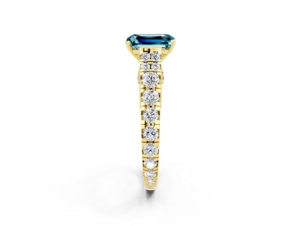 Yellow gold Emerald Cut Blue Topaz Classic Solitaire Ring with Pavé Band and Four-Prong Setting