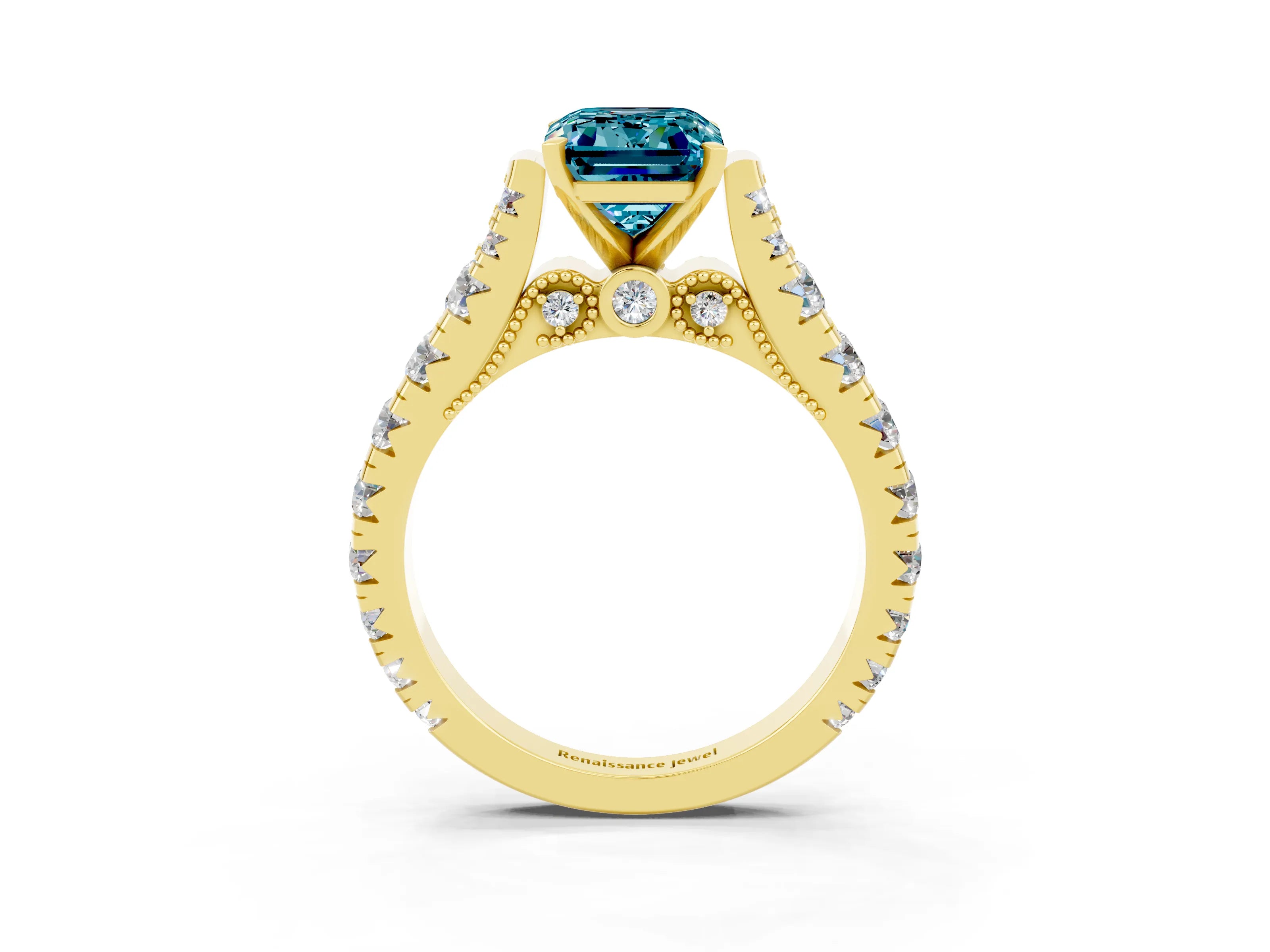 Yellow gold Emerald Cut Blue Topaz Classic Solitaire Ring with Pavé Band and Four-Prong Setting_3