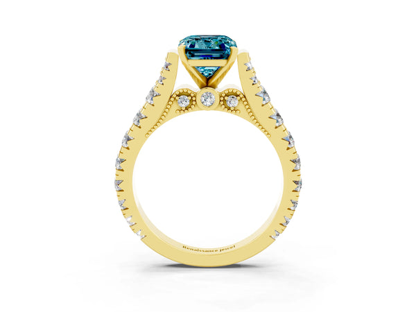 Yellow gold Emerald Cut Blue Topaz Classic Solitaire Ring with Pavé Band and Four-Prong Setting