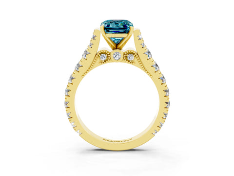 Yellow gold Emerald Cut Blue Topaz Classic Solitaire Ring with Pavé Band and Four-Prong Setting_3