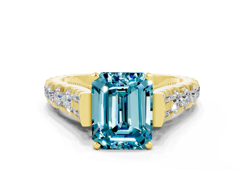 Yellow gold Emerald Cut Blue Topaz Classic Solitaire Ring with Pavé Band and Four-Prong Setting