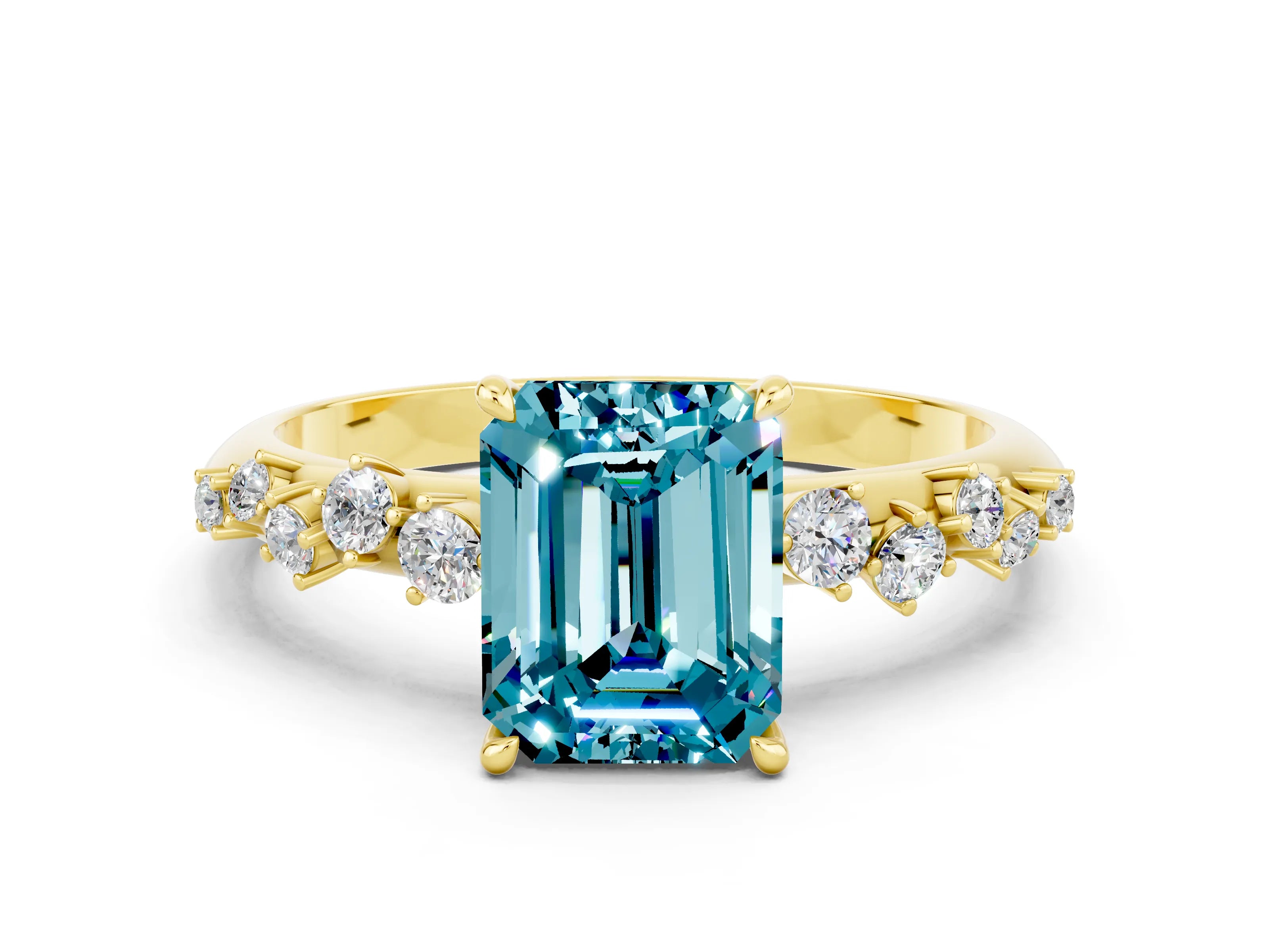 Yellow gold Emerald Cut Blue Topaz Cluster Side Stone Solitaire Ring with Prong Setting_24