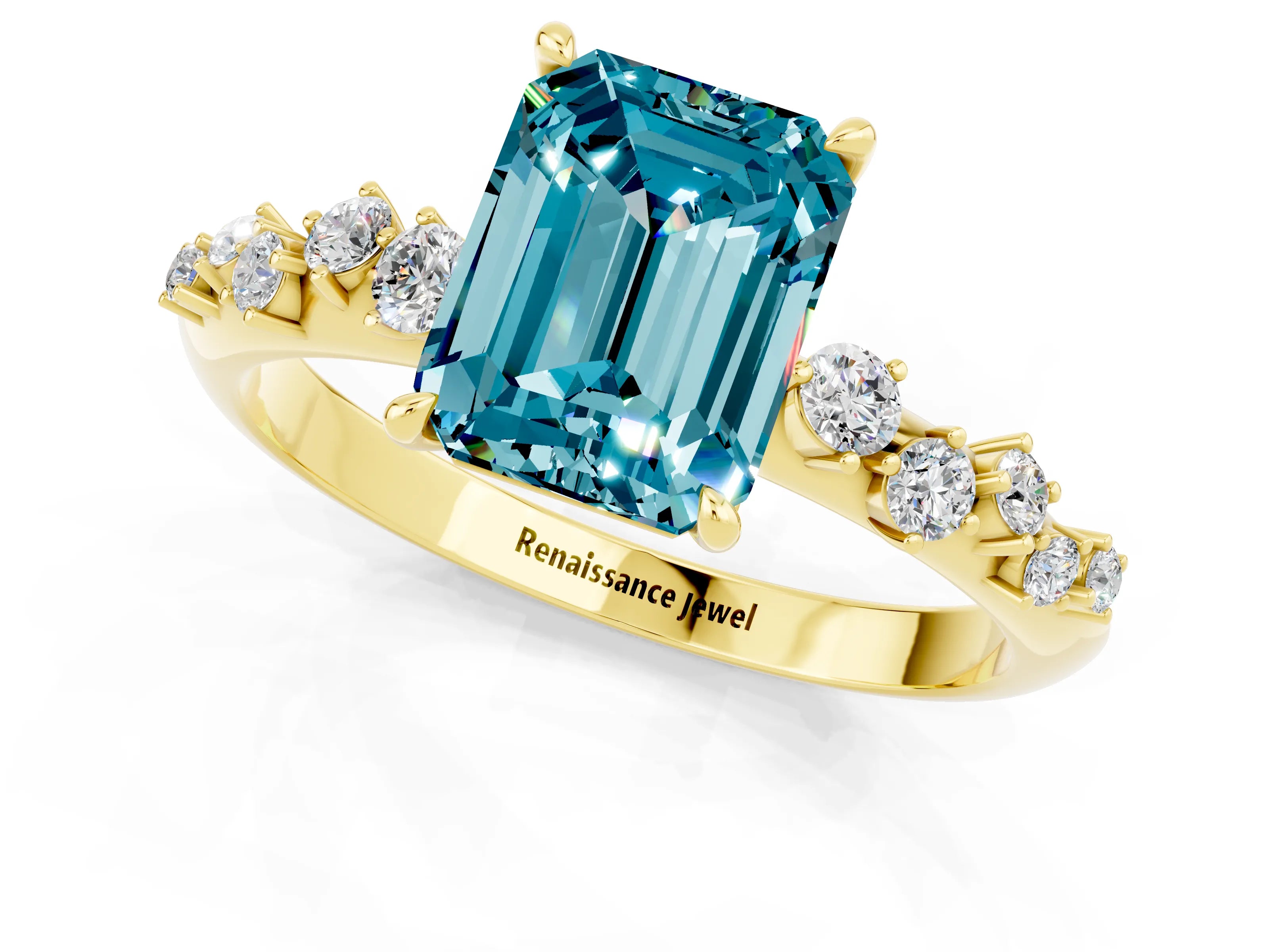 Yellow gold Emerald Cut Blue Topaz Cluster Side Stone Solitaire Ring with Prong Setting_25