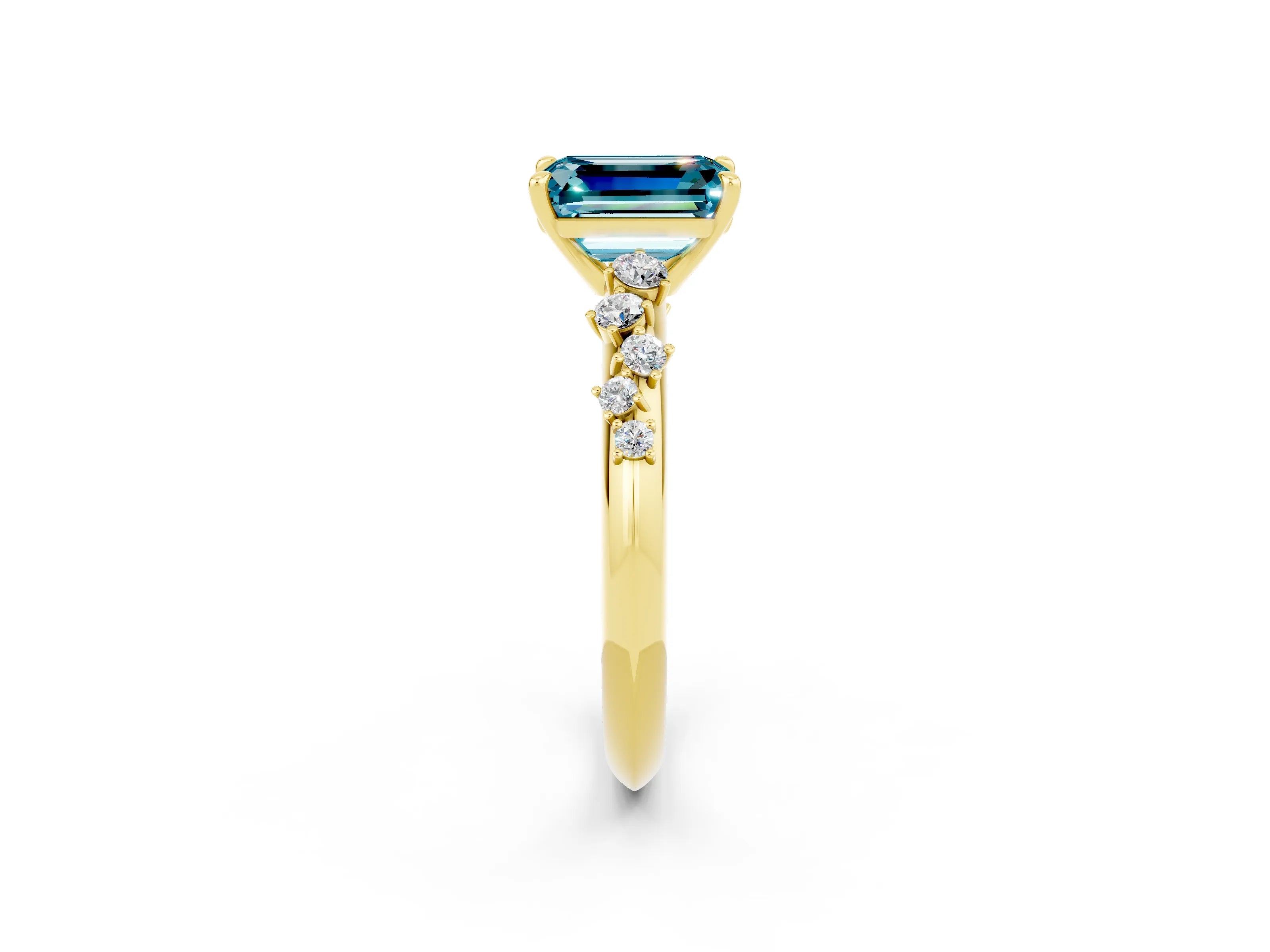 Yellow gold Emerald Cut Blue Topaz Cluster Side Stone Solitaire Ring with Prong Setting_26