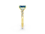 Yellow gold Emerald Cut Blue Topaz Cluster Side Stone Solitaire Ring with Prong Setting_26