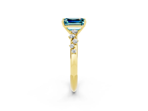 Yellow Gold Emerald Cut Blue Topaz Graduated Cluster Solitaire Engagement Ring with Open Basket