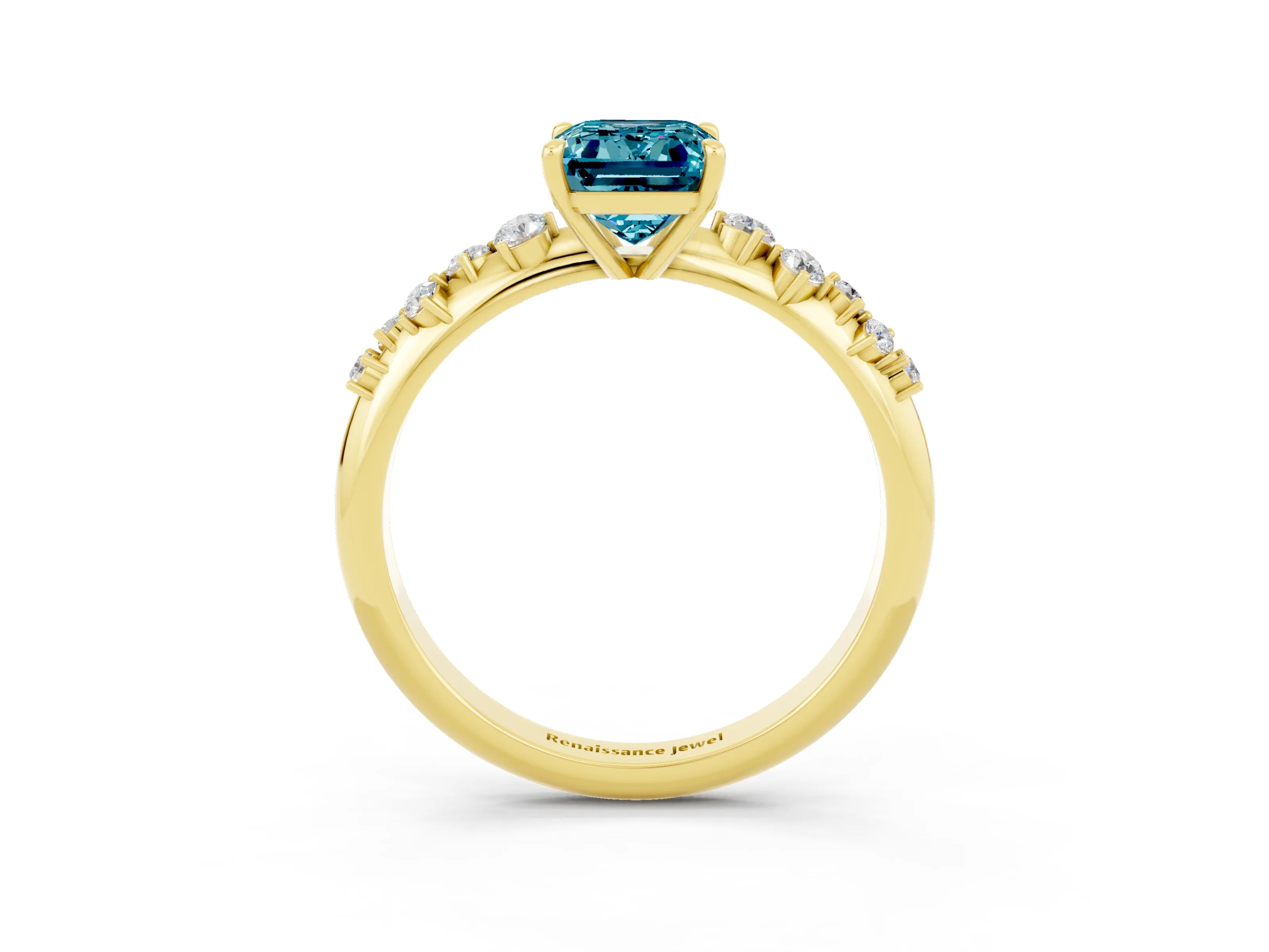 Yellow gold Emerald Cut Blue Topaz Cluster Side Stone Solitaire Ring with Prong Setting_27