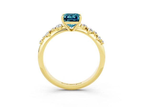 Yellow Gold Emerald Cut Blue Topaz Graduated Cluster Solitaire Engagement Ring with Open Basket