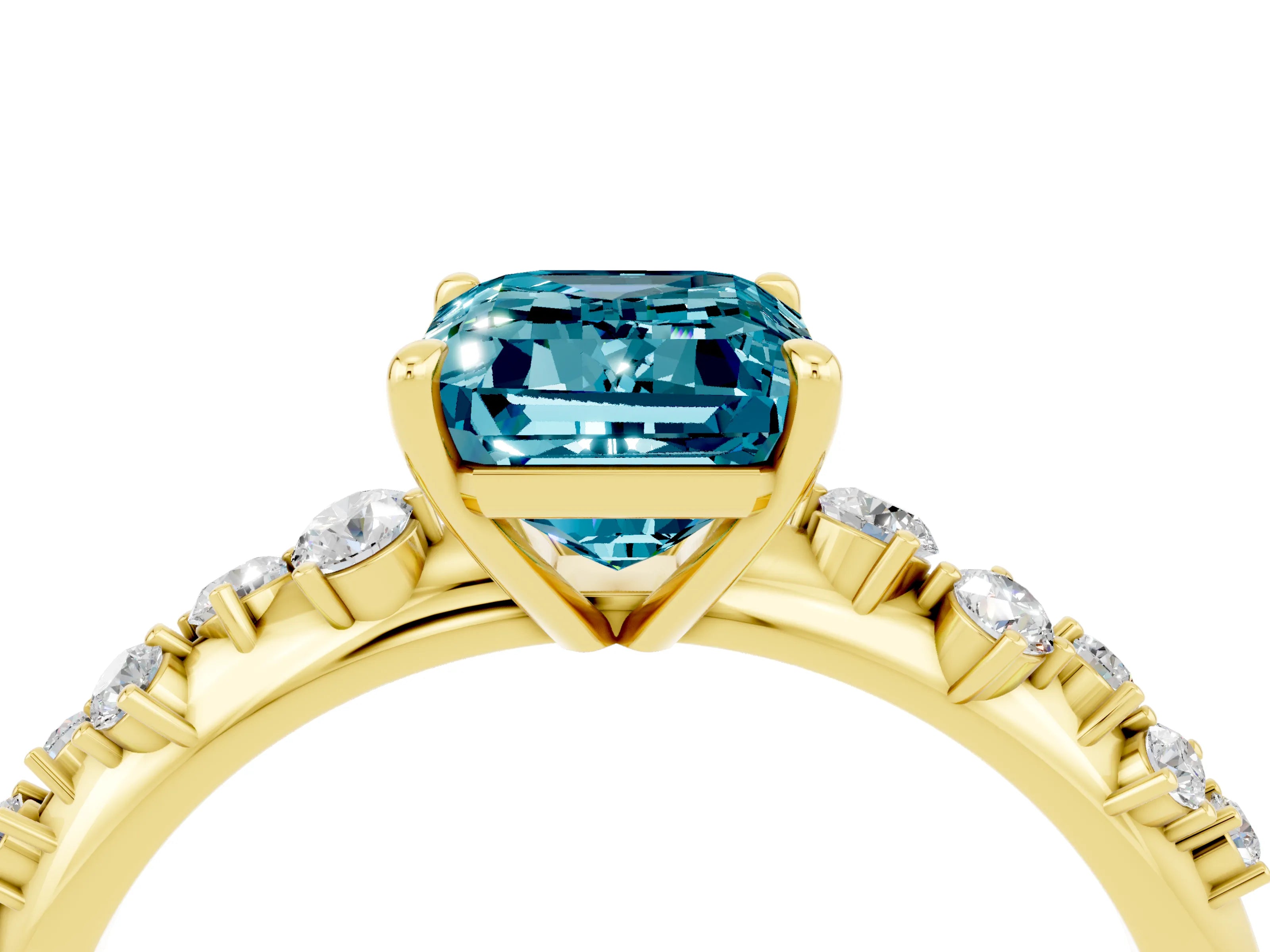 Yellow gold Emerald Cut Blue Topaz Cluster Side Stone Solitaire Ring with Prong Setting_28