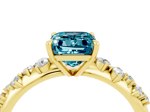 Yellow gold Emerald Cut Blue Topaz Cluster Side Stone Solitaire Ring with Prong Setting_28