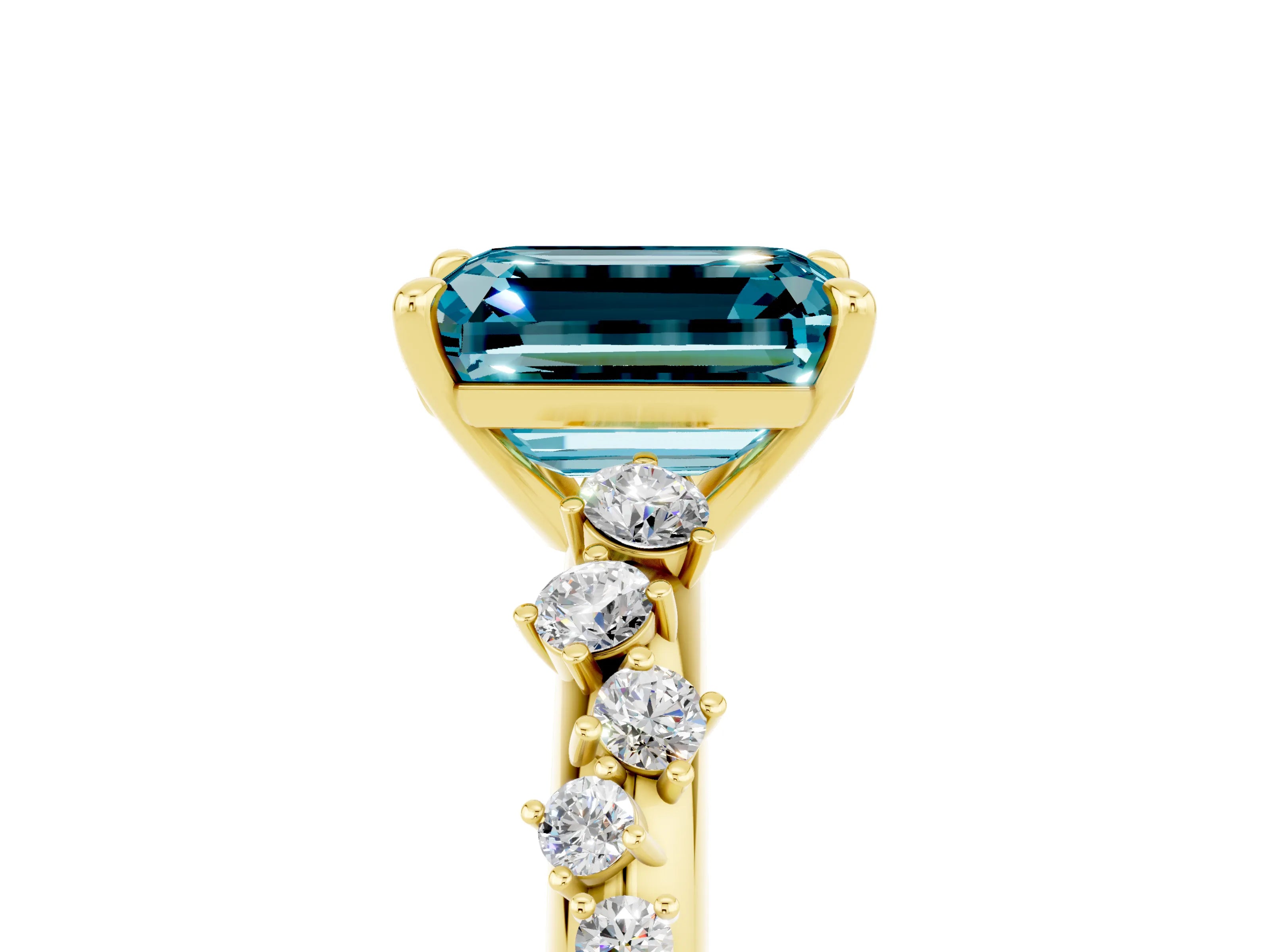 Yellow gold Emerald Cut Blue Topaz Cluster Side Stone Solitaire Ring with Prong Setting_29