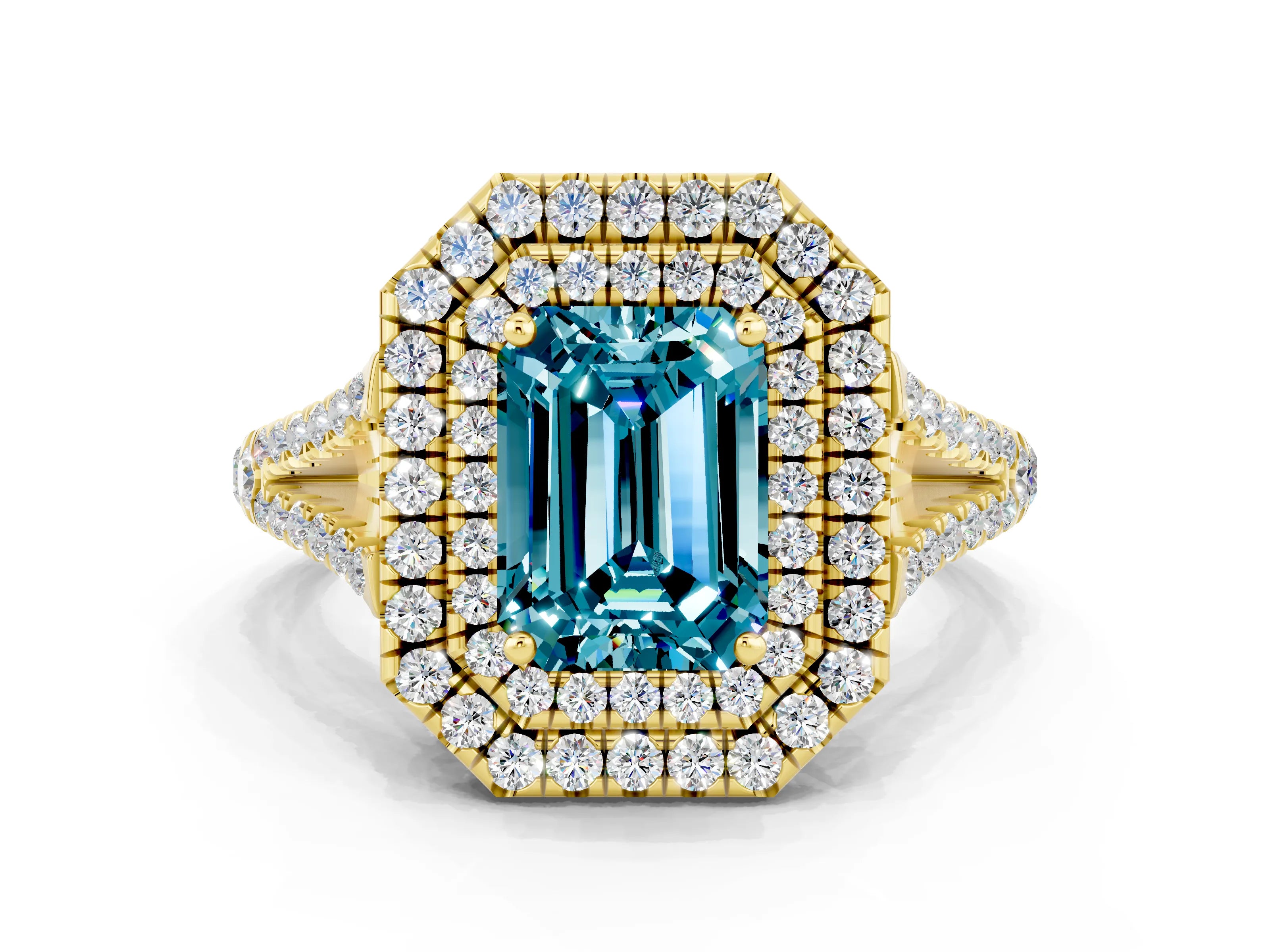 Yellow gold Emerald Cut Blue Topaz Double Halo Ring with Pavé Band and Prong Setting_12