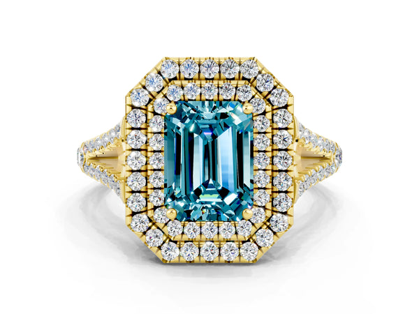 Yellow gold Emerald Cut Blue Topaz Double Halo Ring with Pavé Band and Prong Setting