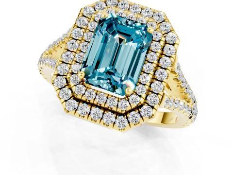 Yellow gold Emerald Cut Blue Topaz Double Halo Ring with Pavé Band and Prong Setting_13