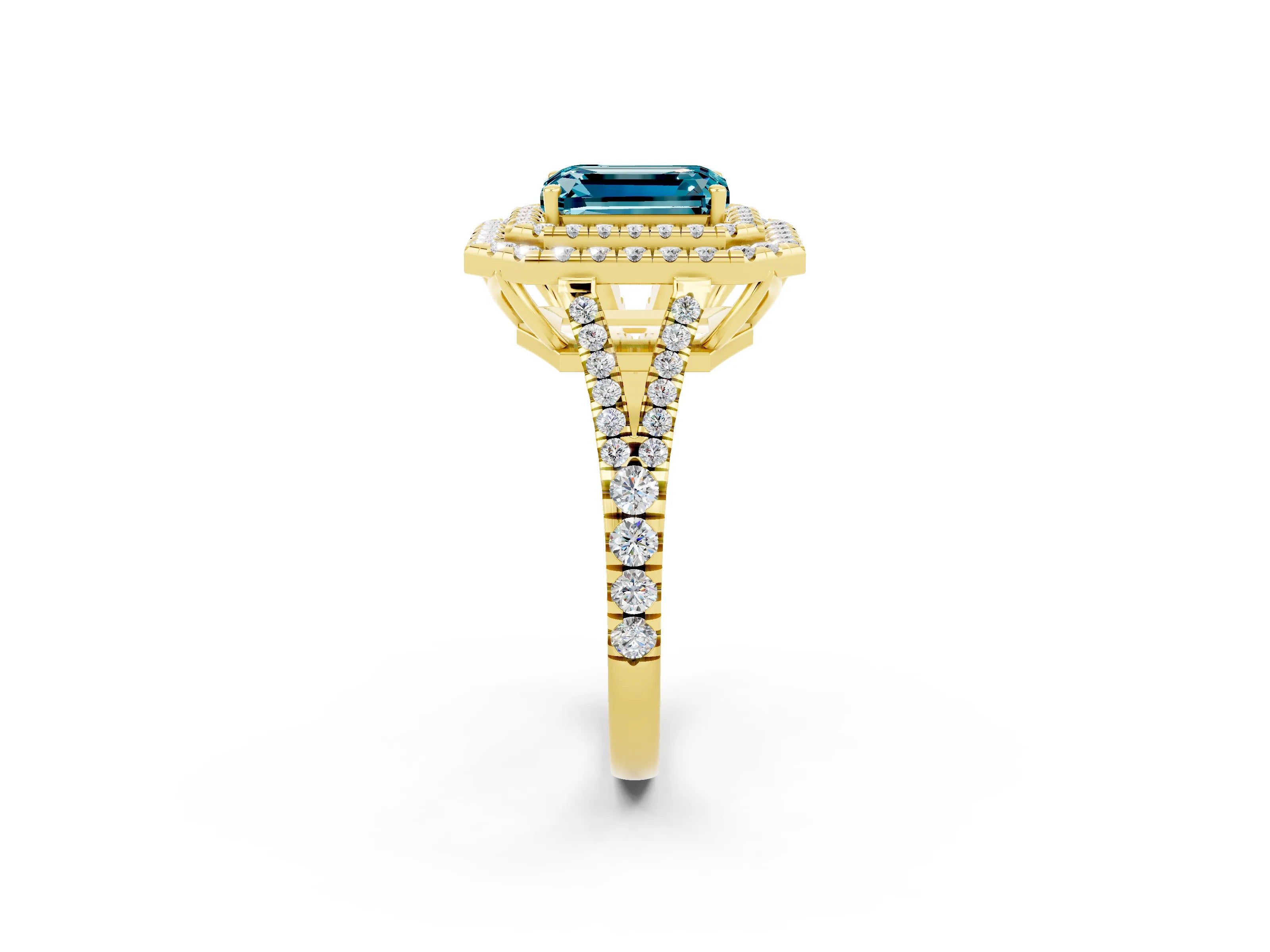 Yellow gold Emerald Cut Blue Topaz Double Halo Ring with Pavé Band and Prong Setting_14