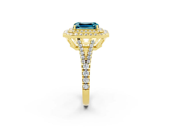 Yellow gold Emerald Cut Blue Topaz Double Halo Ring with Pavé Band and Prong Setting