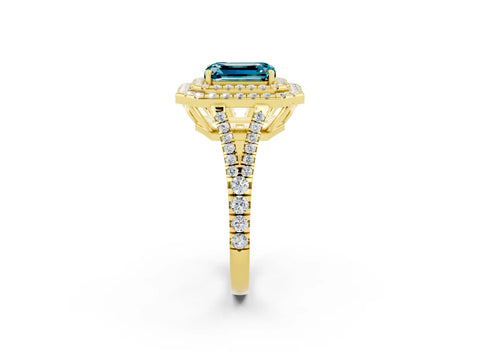 Yellow gold Emerald Cut Blue Topaz Double Halo Ring with Pavé Band and Prong Setting_14
