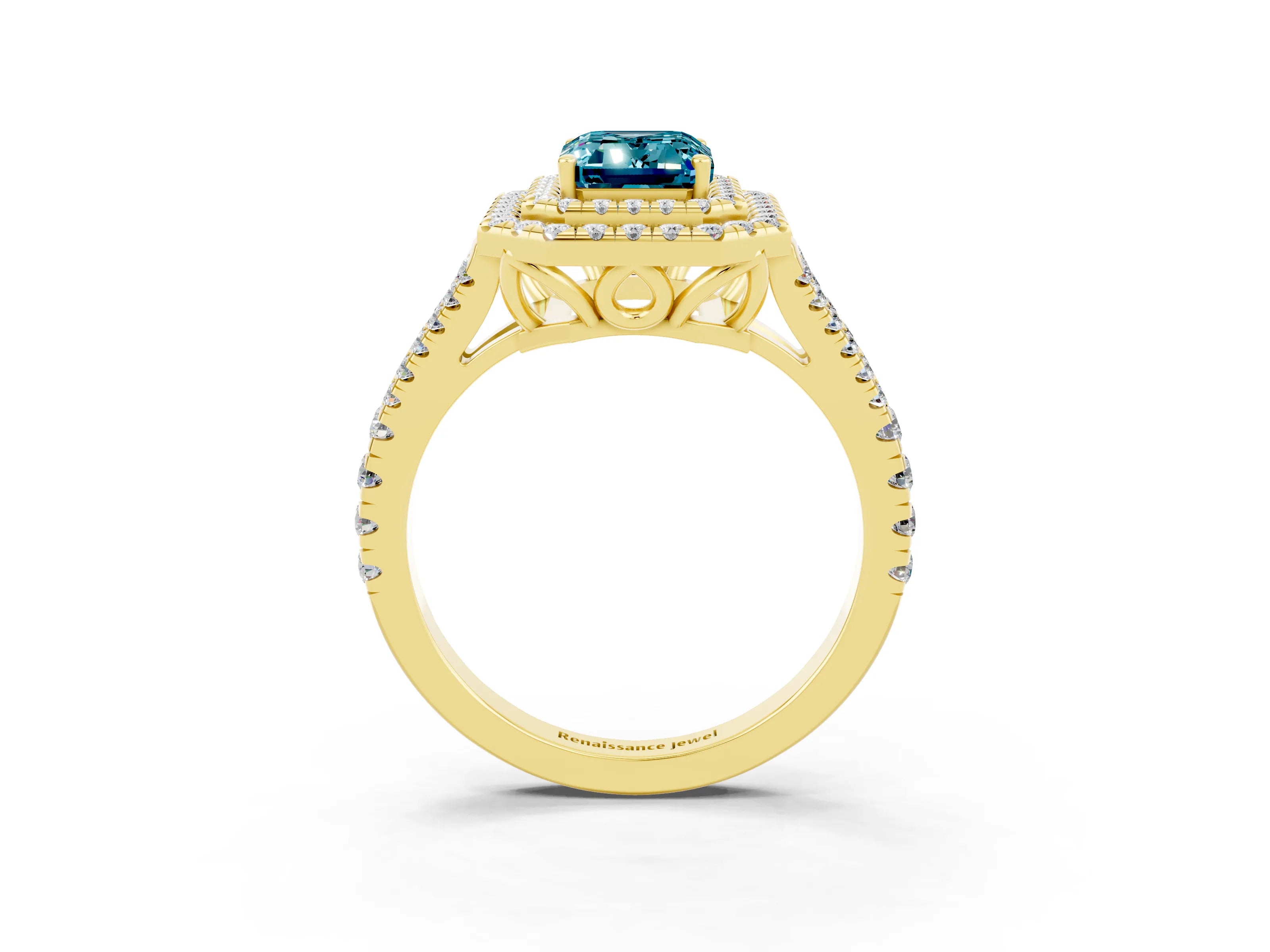 Yellow gold Emerald Cut Blue Topaz Double Halo Ring with Pavé Band and Prong Setting_15