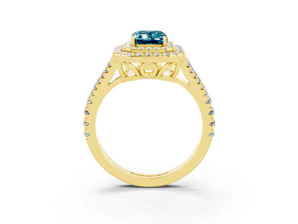Yellow gold Emerald Cut Blue Topaz Double Halo Ring with Pavé Band and Prong Setting