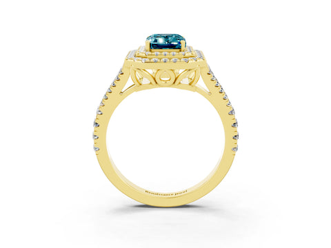 Yellow gold Emerald Cut Blue Topaz Double Halo Ring with Pavé Band and Prong Setting_15