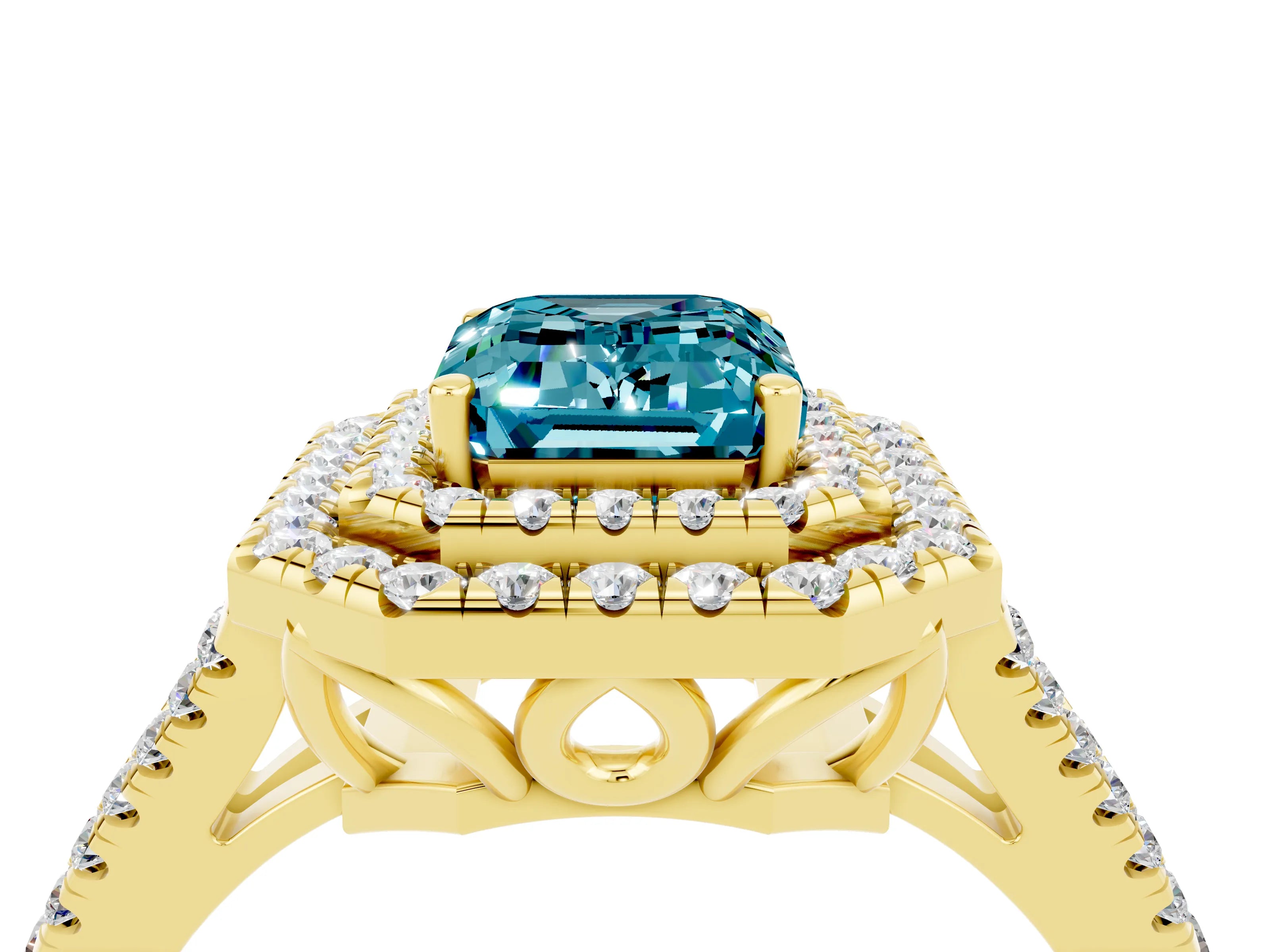 Yellow gold Emerald Cut Blue Topaz Double Halo Ring with Pavé Band and Prong Setting_16
