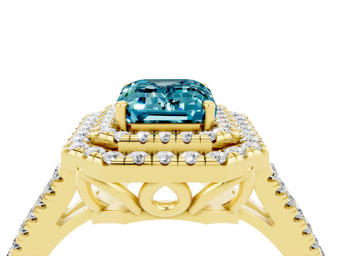 Yellow gold Emerald Cut Blue Topaz Double Halo Ring with Pavé Band and Prong Setting_16