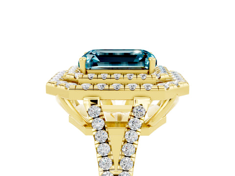 Yellow gold Emerald Cut Blue Topaz Double Halo Ring with Pavé Band and Prong Setting_17