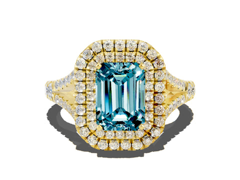 Yellow gold Emerald Cut Blue Topaz Double Halo Ring with Split Shank and Prong Setting_12